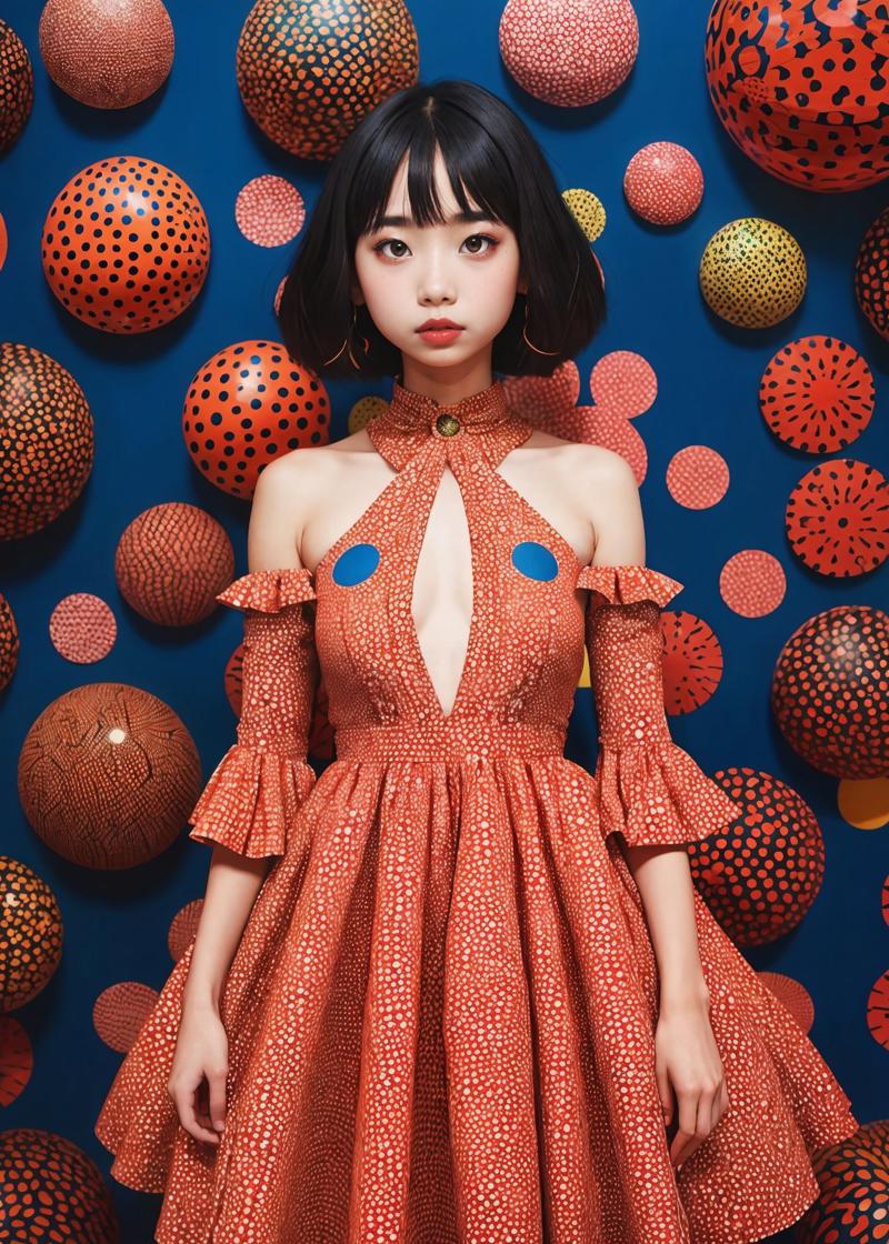 05080-2339576788-fashion photo shoot of a very beautiful girl in a dress with works by Yayoi Kusama,.jpg